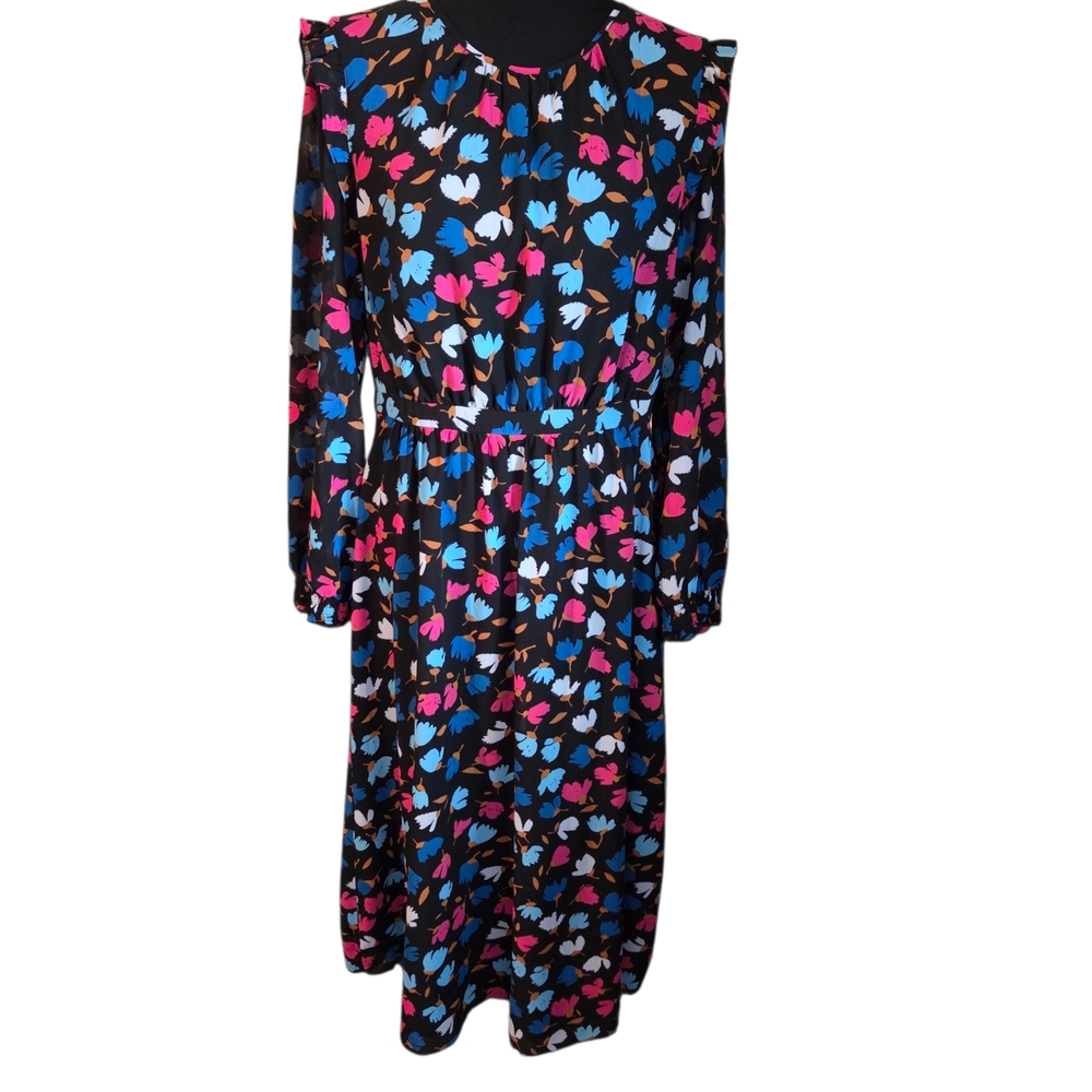 J. Crew Blue Floral A-Line Dress with Ruffle Sleeves Size 12 - Picture 2 of 9